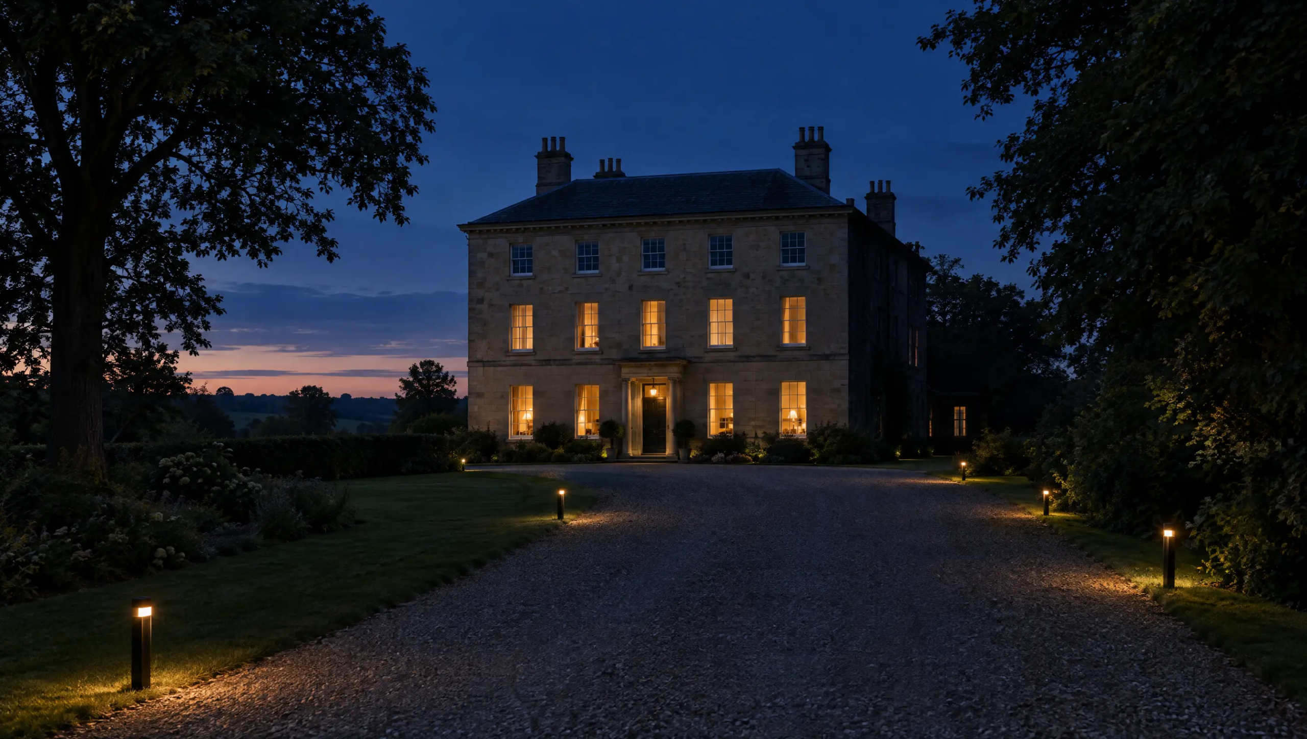 A large residence at dusk with lights on in some windows and others dark
