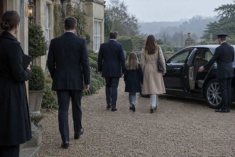 A family leaving a country residence for a waiting car, accompanied by a driver, an operative and a security lead