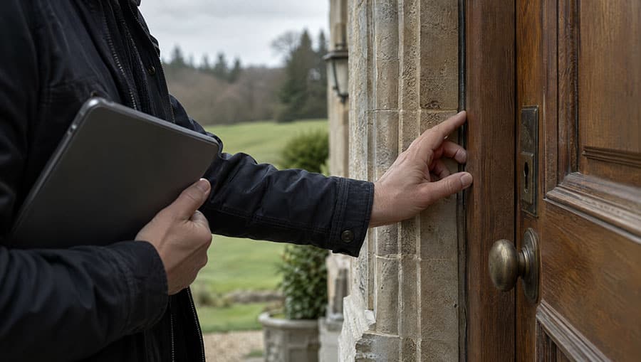 A consultant's hand checking the frame and lock of a heavy wooden door at a country residence, holding a tablet